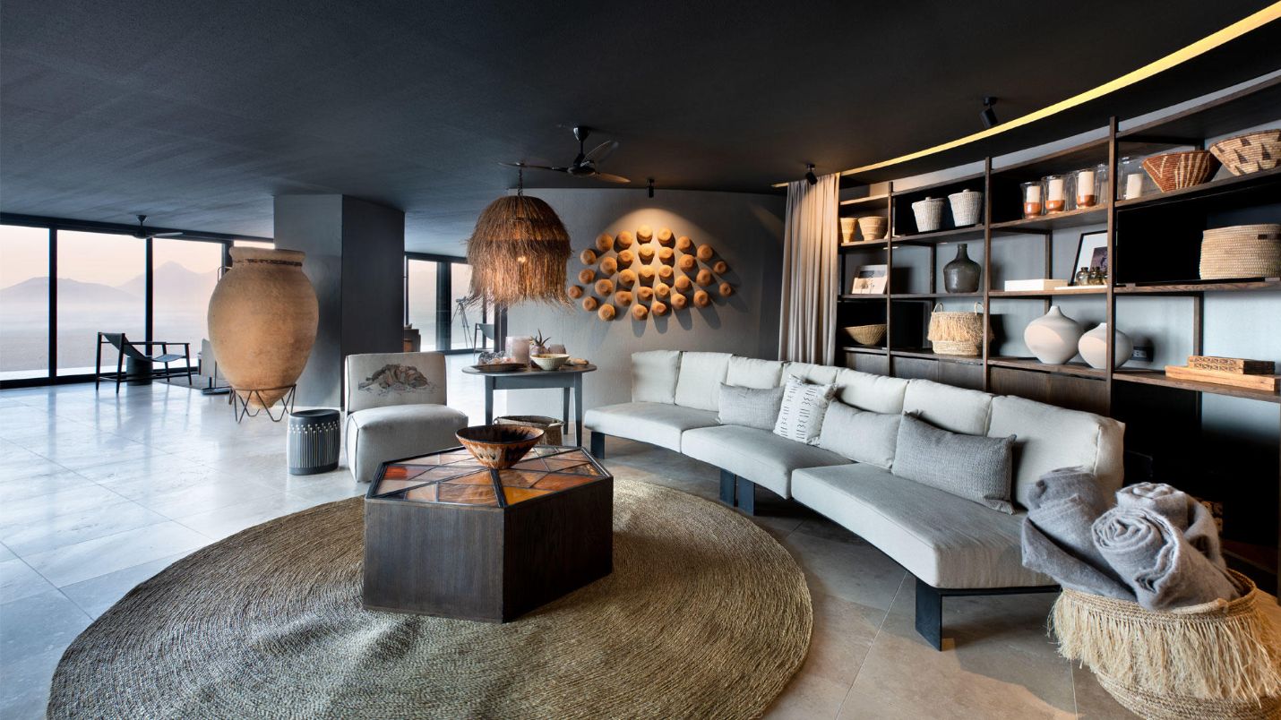 Interior of a luxury lodge in Namibia with contemporary African design