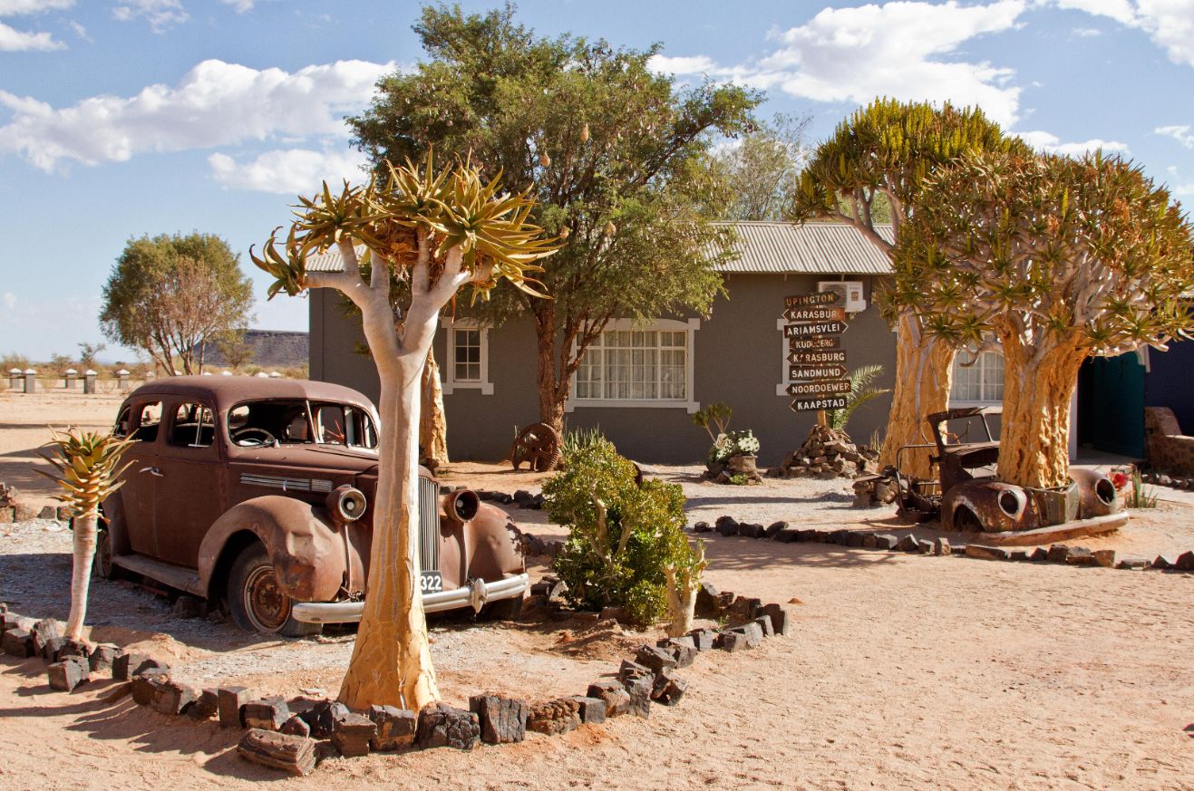 Solitaire, a historic roadside stop in the Namib Desert with vintage cars
